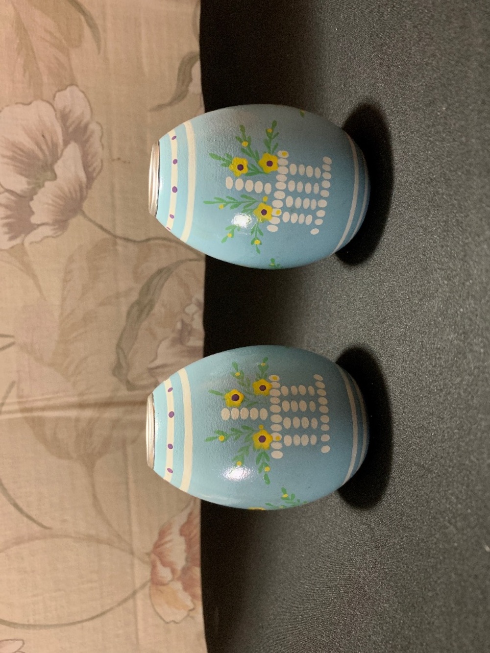 Vintage Two (2) Blue Wooden Hand Painted Egg Candle Holders 3.5"x2.5" - Taiwan